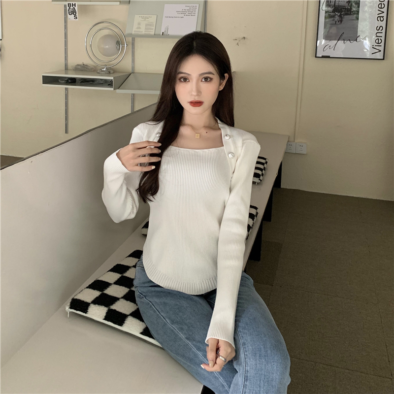 Actual shot of new irregular square collar button long sleeve slim fit solid color bottoming shirt sweater for women