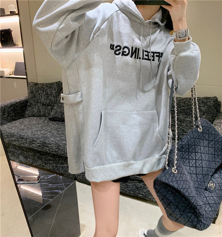 實拍冬季加絨加厚灰色連帽衛衣寬鬆中長款上衣