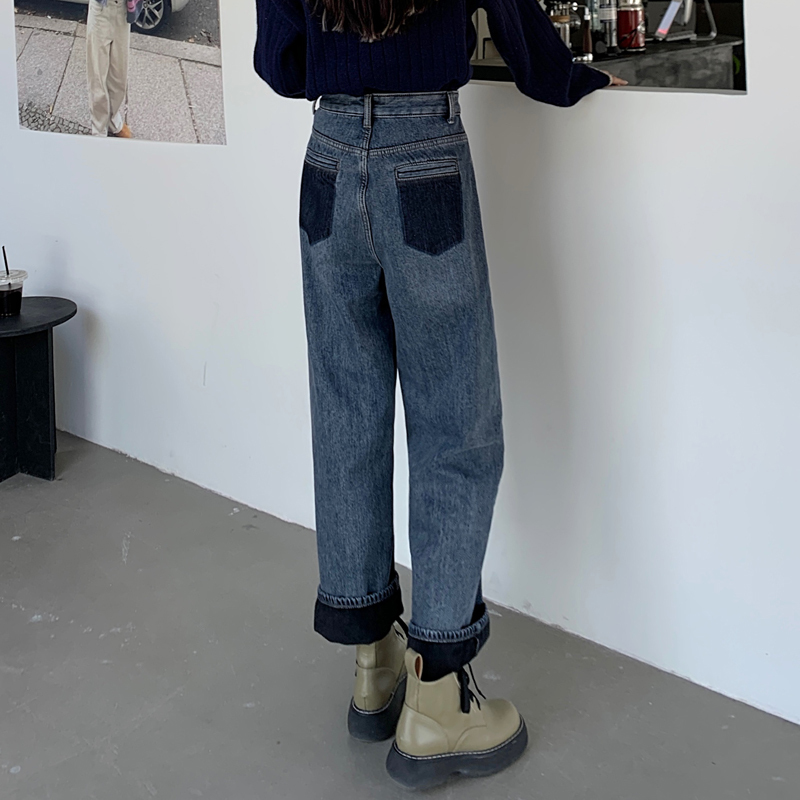 實拍 2023年冬季高腰加絨加厚直筒卷邊拼色寬鬆復古牛仔褲女