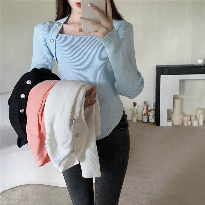 Actual shot of new irregular square collar button long sleeve slim fit solid color bottoming shirt sweater for women