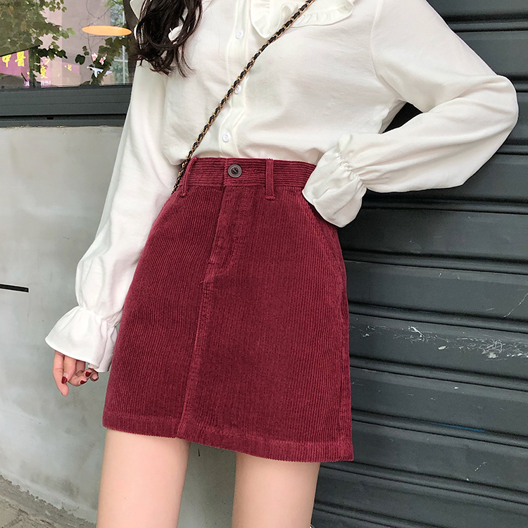 Actual shot of corduroy skirt for women, retro, versatile, high-waisted, slimming hip skirt, A-line short skirt