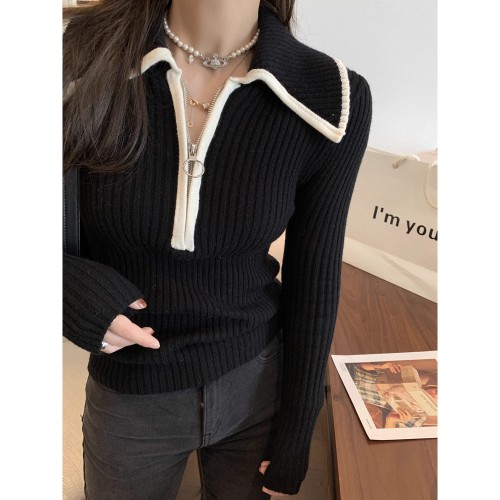 A large number of zipper lapel sweaters for women in autumn and winter, long-sleeved inner wear, slim-fitting high-end tops, knitted bottoming shirts