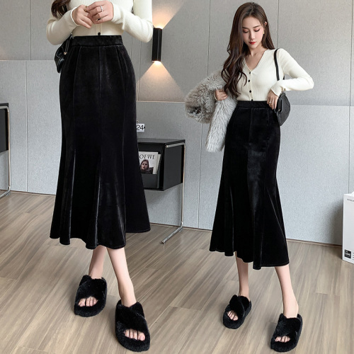 Skirt  autumn and winter simple velvet skirt temperament fishtail skirt mid-length black slimming skirt hip-covering skirt