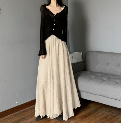 Mori Girl Literary Large Size Cotton and Linen Skirt Elastic Waist  Spring and Autumn New High Waist Skirt Ruffled Long Skirt