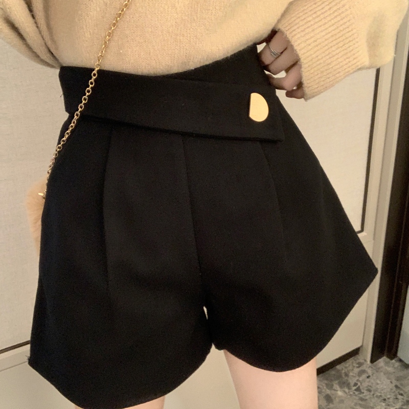 實拍褲子女秋冬毛呢短褲寬鬆高腰闊腿褲顯瘦靴褲A字褲休閒褲