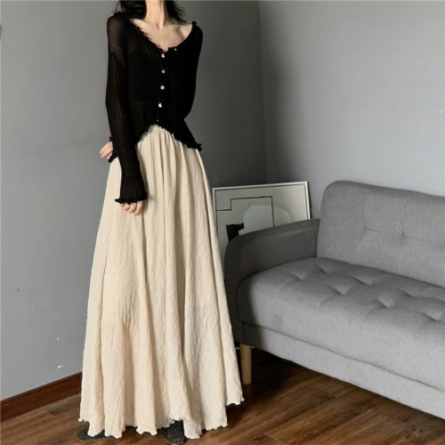 Double-layer cotton and linen skirt for women with large skirt, spring and autumn new style, gentle style, mid-length, high-waisted atmosphere, retro long skirt for women