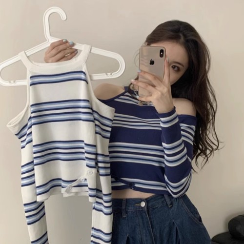 Halterneck, off-shoulder, striped long-sleeved sweater for women, slim-fitting autumn fit, short card-waist shirt, hot girl shoulder-cut top