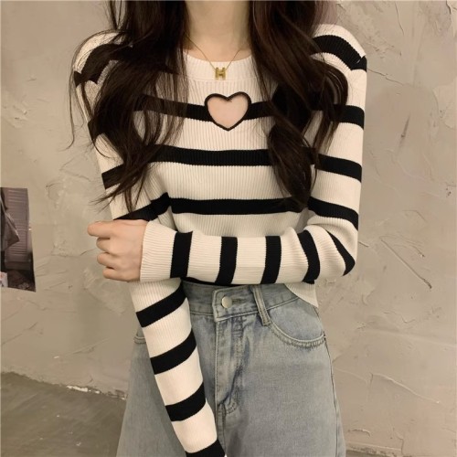 Black and white striped hollow sweater and sweater for women in autumn and winter new style chic slim bottoming shirt with long-sleeved top