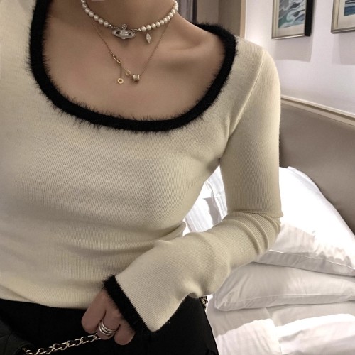 fancccy Black patchwork mink velvet U-neck sweater for women with long sleeves and slim fit sweater bottoming top