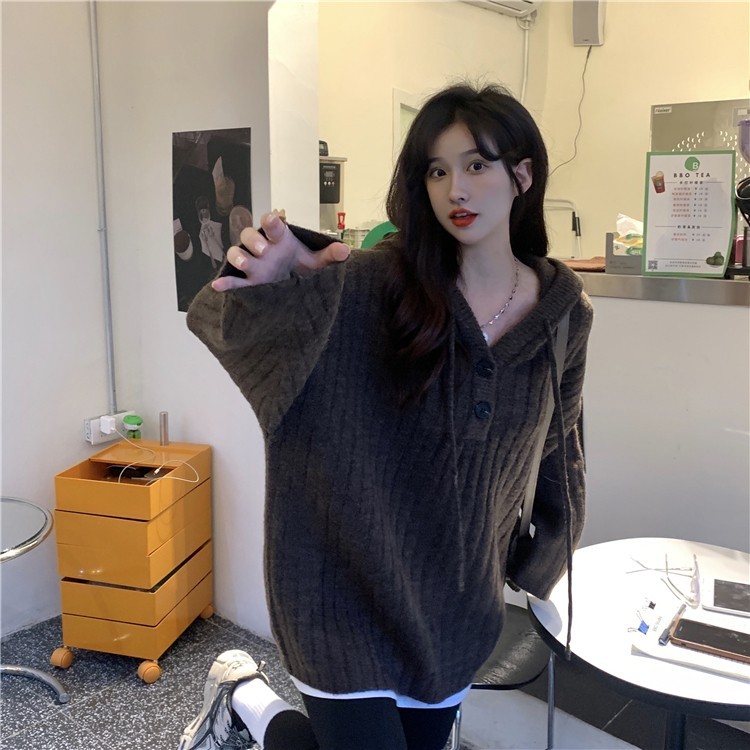 實拍 秋冬百搭街頭套頭連帽毛衣女復古慵懶風毛衣外套