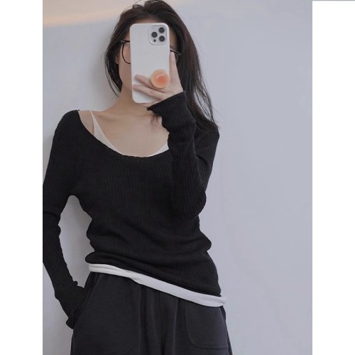 French gentle fake two-piece sweater for women in autumn design niche loose outer wear sweet and spicy style bottoming shirt top