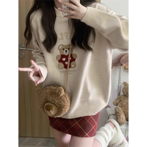 Bear embroidered knitted sweater women's autumn and winter  new sweet French soft waxy pullover loose long-sleeved top