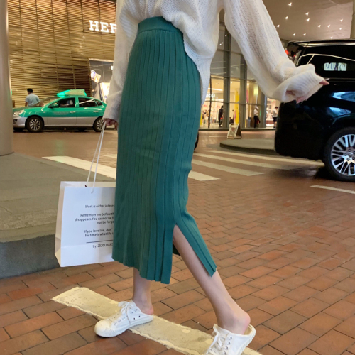 Real shot!  Skirt women's high waist  autumn and winter new style slit mid-length knitted hip skirt 2345