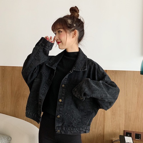 Real shot of American washed distressed jacket for women, autumn  new trendy denim loose long-sleeved jacket top