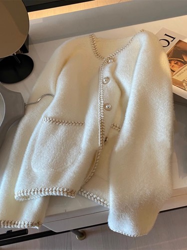 French style small fragrance pearl button sweater cardigan women's top spring and autumn white warm and soft milk mink velvet knitted jacket