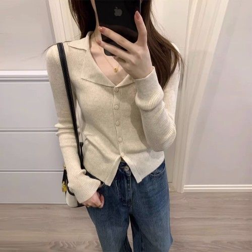 French lapel long-sleeved knitted cardigan for women autumn  new niche design slim bottoming short top