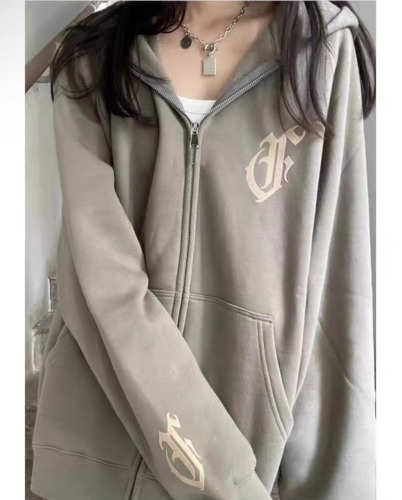 CVC Huamian  new coat autumn and winter ins national trend Korean version lazy loose zipper cardigan hooded sweatshirt for women