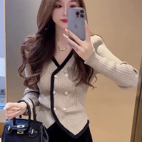 Irregular V-neck sweater women's cardigan autumn waist slimming bottoming retro small fragrance style sweater jacket top