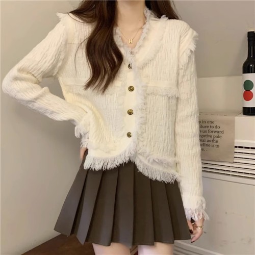 Temperament small fragrant v-neck tassel sweater jacket for women in autumn and winter unique design irregular loose knitted cardigan