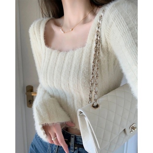 Pure lust style white slim square collar bottoming sweater for women autumn and winter inner sweater design niche short top