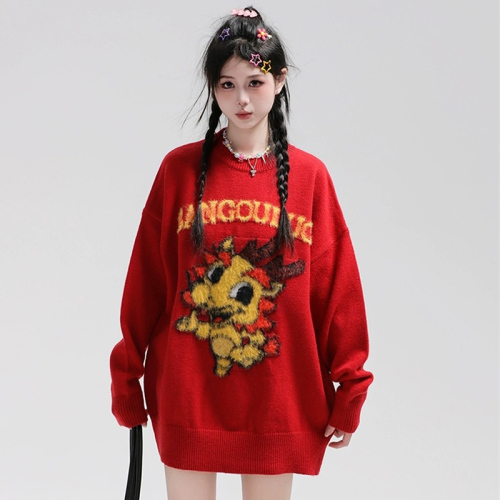 American niche design Year of the Dragon sweater for men and women, autumn and winter lazy style, versatile loose casual inner sweater