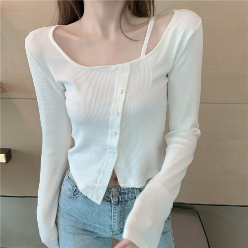 Irregular short T-shirt women's new autumn wear long-sleeved high-waist hot girl slim pure lust style chic top ins