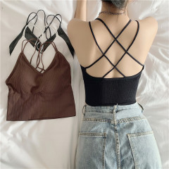Live-shoot ~ Korean-style beautiful backless tank top, versatile short style with breast pads, outerwear, sleeveless base layer top for women