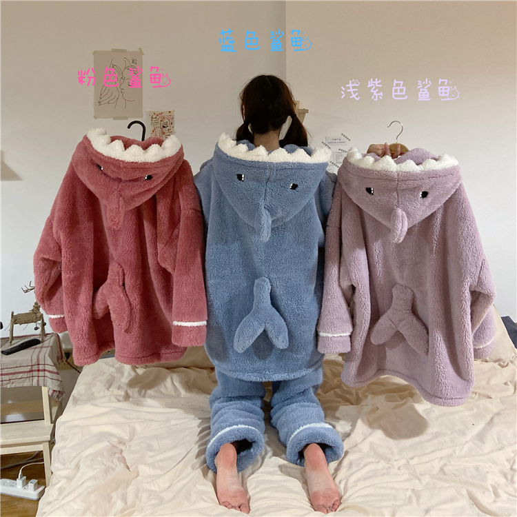 實拍~卡通鯊魚睡衣秋冬可愛連帽家居服套裝
