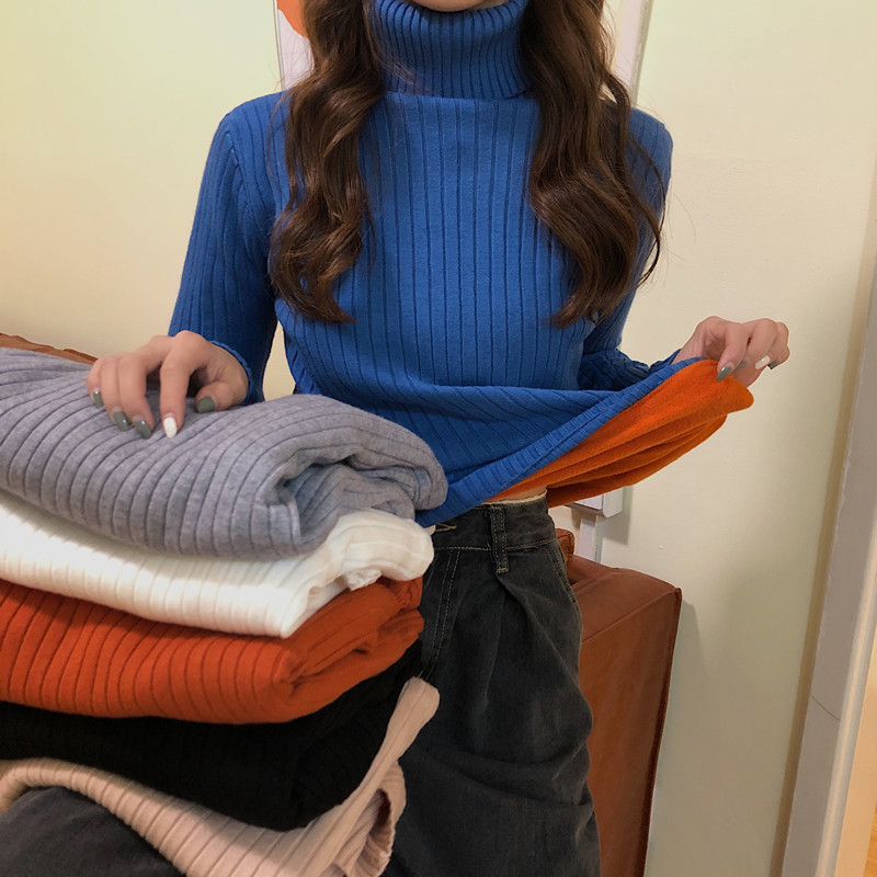 實拍秋冬韓版百搭高領套頭毛衣針織衫女加絨加厚修身打底