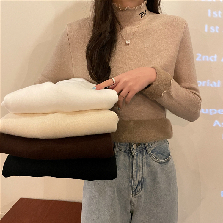 實拍 韓版洋氣一體絨針織刺繡半高領ins木耳邊長袖針織衣