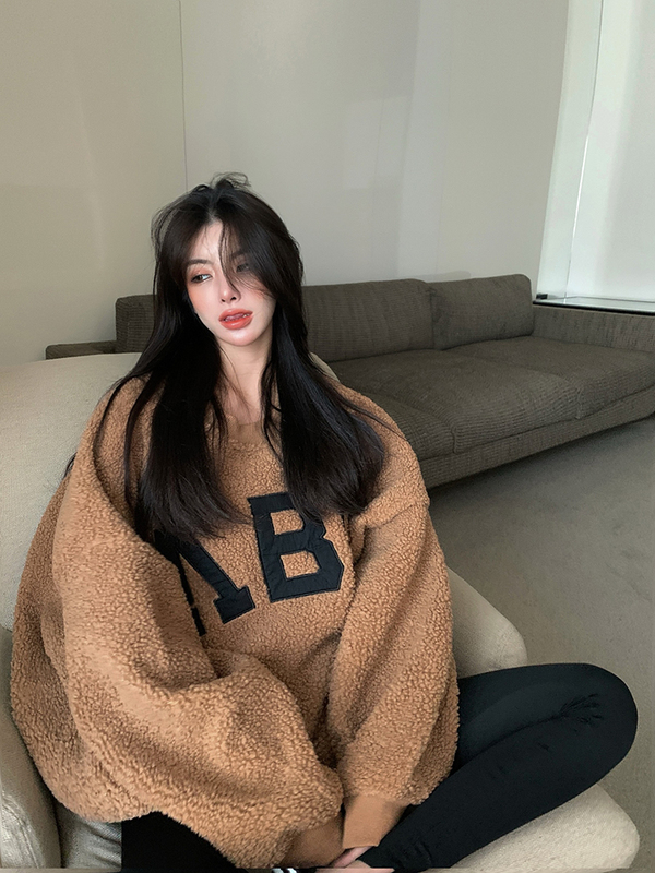 實拍 2023韓版寬鬆中長款內里加絨加厚羊羔毛慵懶風衛衣女