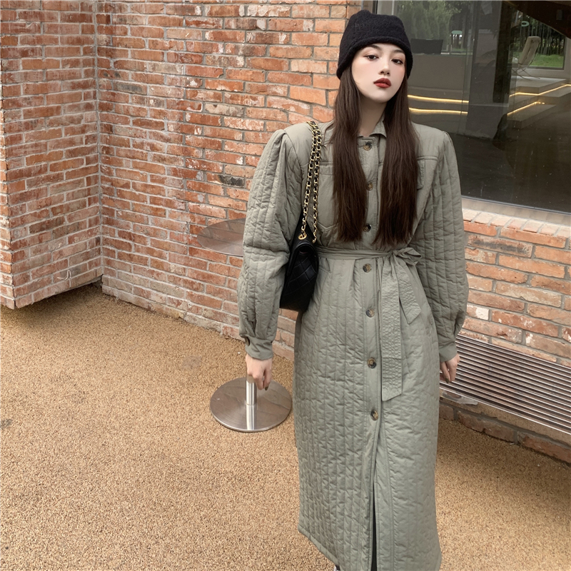 Actual shot of winter niche three-dimensional shoulder pad strap waist workwear motorcycle women's mid-length cotton-padded over-the-knee jacket
