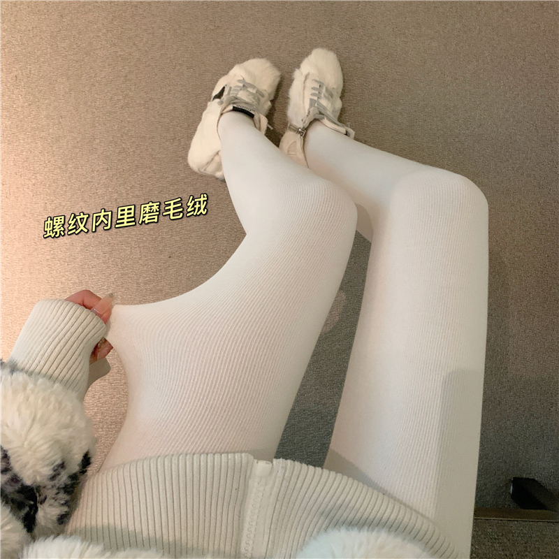 實拍~純欲白色加絨褲襪豎條紋針織加厚秋冬美腿打底褲連腳襪