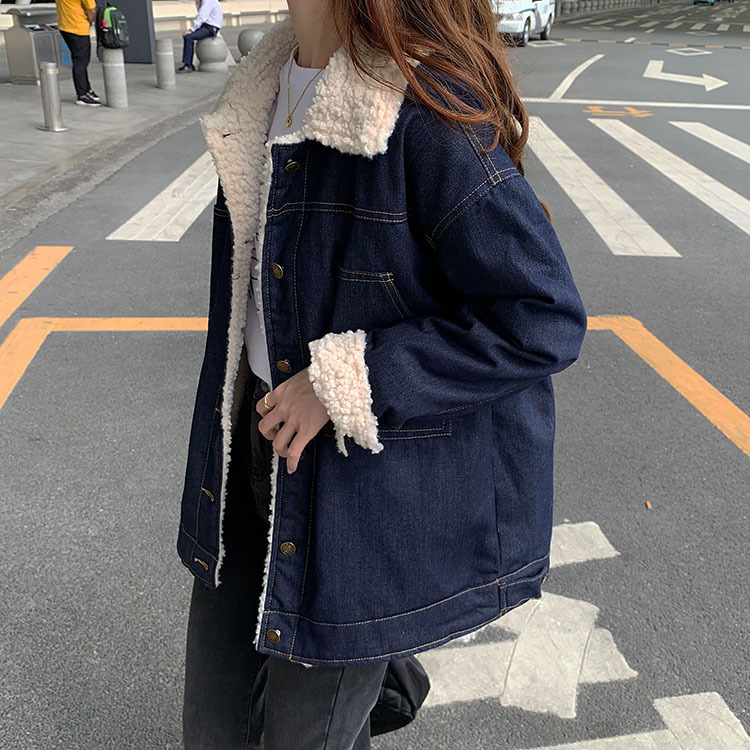 Processing Winter velvet thickened BF style retro versatile ins plus velvet lambswool loose denim jacket