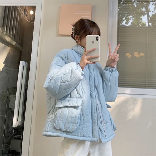 Actual shot~Korean style simple stand collar wavy down jacket women's short loose cotton coat