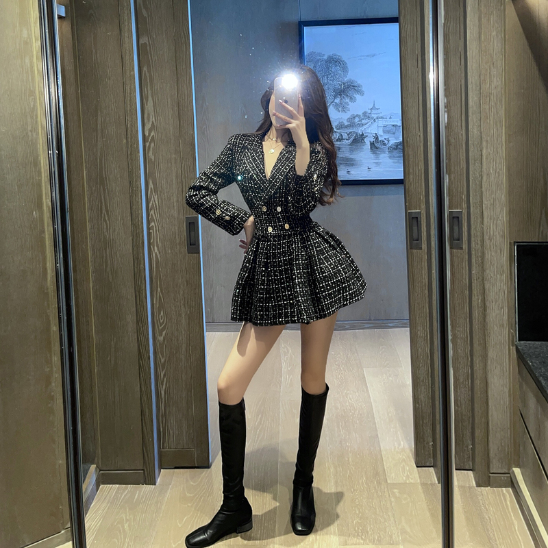 實拍早秋小香風輕奢名媛小眾設計感小黑裙黑色西裝連衣裙