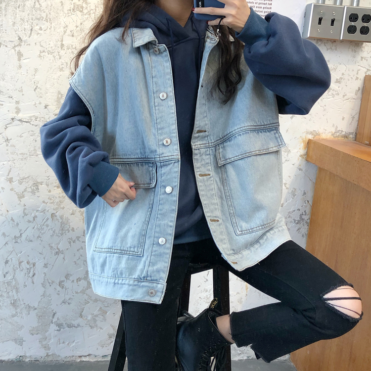 Processing Korean style workwear BF style retro versatile velvet thickened loose denim vest jacket