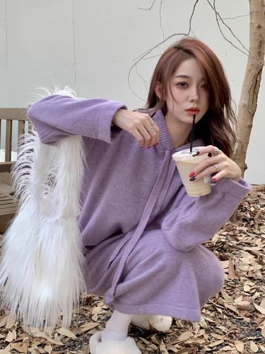 Original quality retro long-sleeved knitted dress for women autumn and winter purple gray lazy style sweater dress bottoming skirt