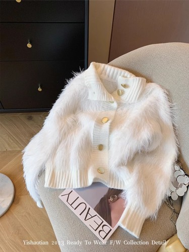 White small fragrance style thickened imitation mink wool sweater cardigan for women  autumn and winter furry and soft waxy knitted jacket