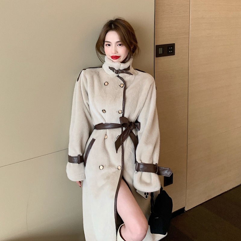 Real shot!  French ins style warm turtleneck woolen coat fashionable splicing mink coat
