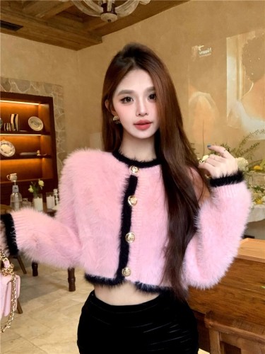 Xiaoxiangfeng imitation mink velvet sweater for women autumn and winter pure desire French socialite short fur top knitted cardigan jacket