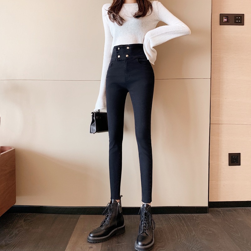 Real shot!  Korean style slim fit stretch high waist leg length jeans versatile ripped edge pencil pants for women