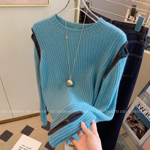 Hollow off-shoulder pullover sweater for women, spring and autumn inner layering shirt, slim fit, long-sleeved wool top