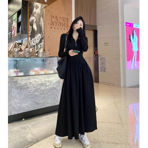 French-style high-end black dress for women in autumn and winter Hepburn style slim and slim long skirt