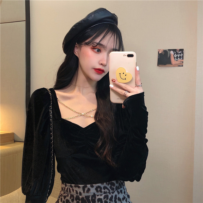 Actual shot~Velvet V-neck chain cross puff sleeve slim fit backless versatile long-sleeved bottoming shirt