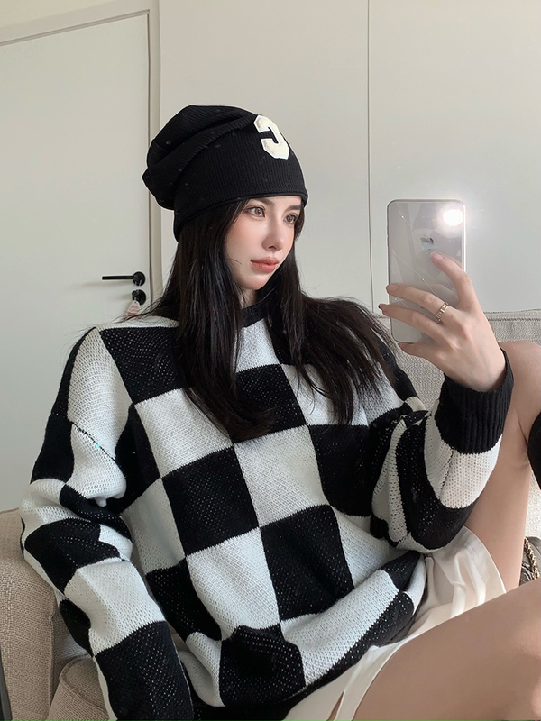 實拍 2023秋冬新款百搭寬鬆韓版拼色上衣慵懶風毛衣女