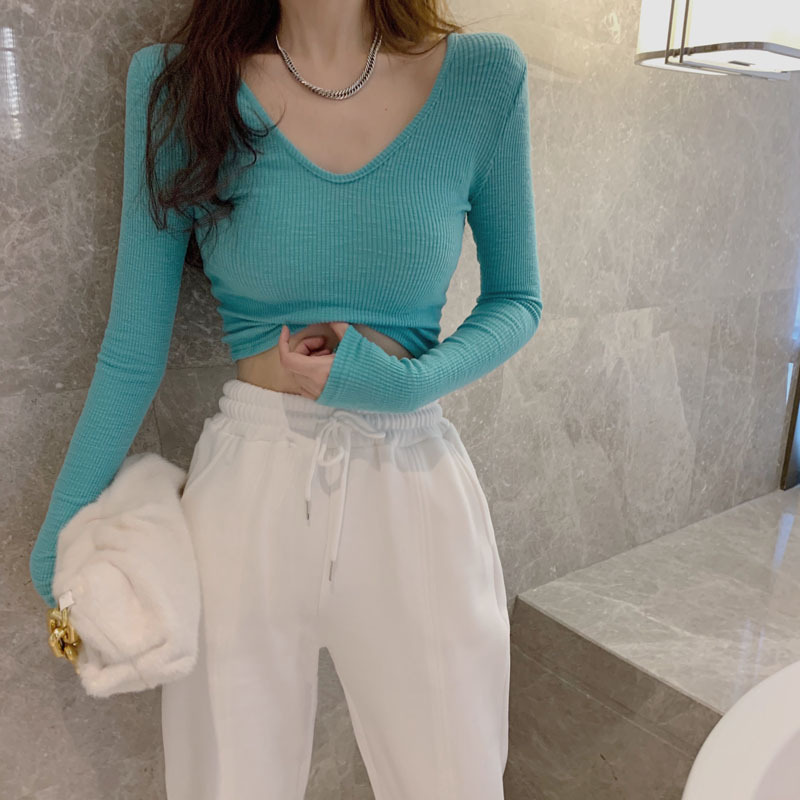 實拍 簡約顯瘦長袖t恤女百搭緊身短款打底衫T