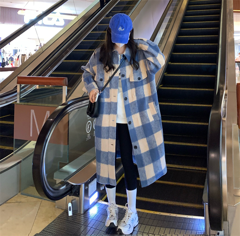 實拍 韓版寬鬆長款側開叉呢子外套氣質藍格子高級感毛呢大衣