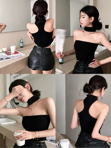 Real photos and real prices. Sexy summer temperament halter neck and off-shoulder black vest that wraps the chest.