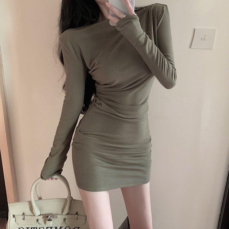 Actual shot of chic chic slim-fit hip-hugging skirt long-sleeved bottoming T-shirt dress for women